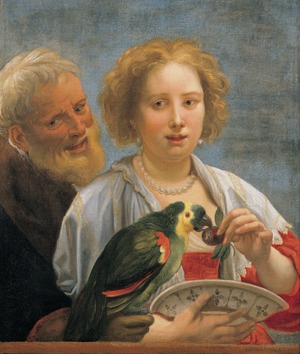 A Bearded Man with a Woman Feeding Cherries to a Parrot
