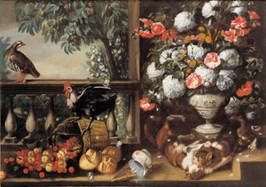 Cats Fighting Beneath the Blue and White Vase of Flowers with a Cockerel Astride a Fallen Basket of Cherries and Apricots