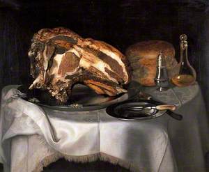 Still Life (Joint of Beef with Numerous Vessels and Utensils on a White Cloth)