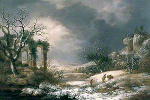Winter Scene (Classical Ruins with a Bridge in the Foreground and Figures with a Horse)