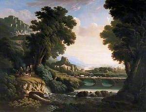 River Landscape with Foreground Figures around a Fire, a River and a Bridge in the Distance