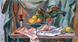 Still Life of a Candle, a Bowl of Apples and a Vase of Bergenia
