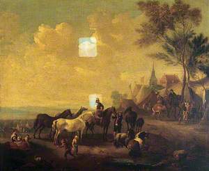 Riders and Horses Outside a Town