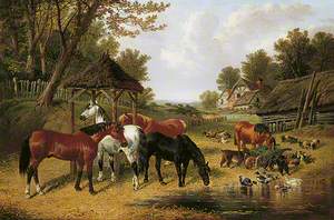 Horses by a Farmyard Pond