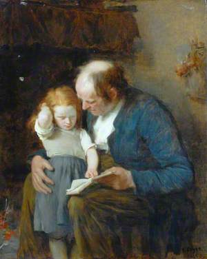 Old Man and a Young Girl Learning to Read