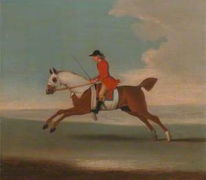 One of Four Portraits of Horses – a Chestnut Racehorse Exercised by a Trainer in a Red Coat: Galloping to the Left, the Horse Wearing White Sweat Covers on Head, Neck and Body