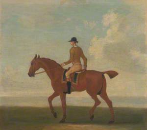 One of Four Portraits of Horses – a Chestnut Racehorse with Jockey Up: Walking to the Left; Jockey in Buff-Yellow Jacket