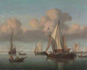 A Kaag at Anchor with Sails Hoisted and a State Yacht and Other Vessels