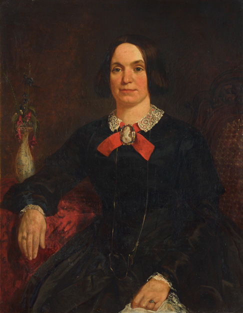 Portrait of a Lady in a Black Dress with a Cameo on a Red Ribbon