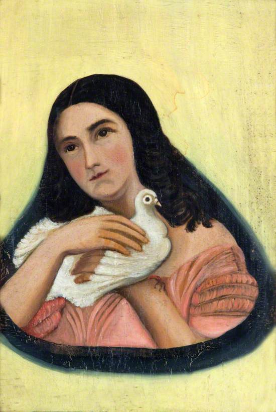 Head and Shoulders of a Girl in a Pink Dress Holding a Dove