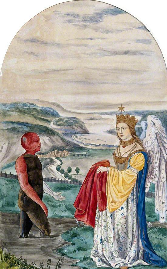 A Black Man with a Red Head and Right Arm Emerges from a Foul Stream into a Landscape Where a Winged Woman Is Waiting for Him with a Red Garment; Representing the Transformations of the Alchemical Work from Corruption to Perfection
