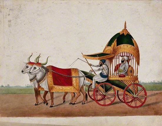 A Sikh Man Riding in an Elaborate Domed Carriage Pulled by Two Oxen
