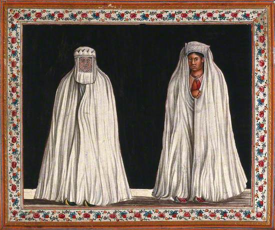 Two Muslim Women Wearing White Burkas, One with Her Face Covered with a Veil