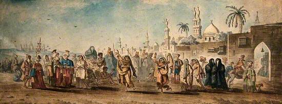 Women Dancing in a Busy Street in a North African (?) Country