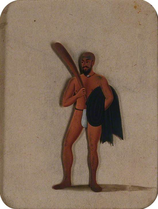 A Bald Man Wearing a Loin Cloth Holding a Wooden Club and a Black Piece of Cloth