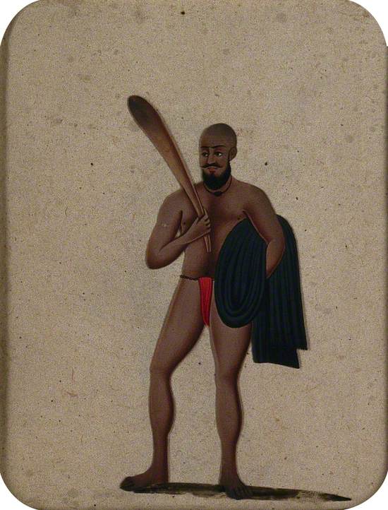 A Bald Man Wearing a Red Loin Cloth Holding a Club and a Black Cloth