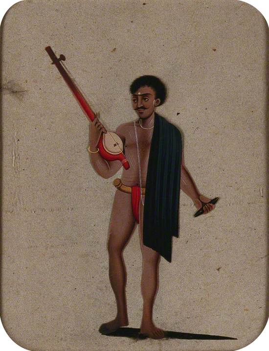 A Man Wearing a Loin Cloth and a Black Shawl Holding Musical Instruments in Both Hands