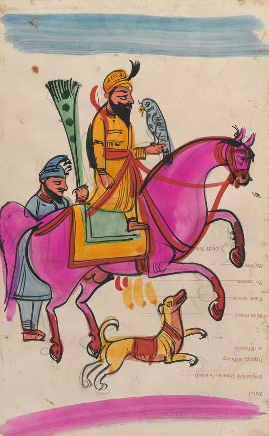 Sikh Man with a Falcon on Horseback, Identified as Guru Gobind Singh