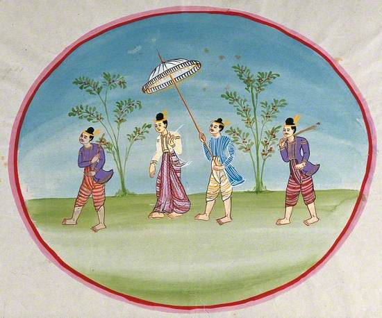 A Lady Attended by Two Standing Bodyguards and by a Servant Holding a Parasol, Burma