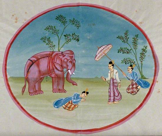 A Lady Attended by a Servant Bringing an Elephant and Another Servant Holding a Parasol, Burma