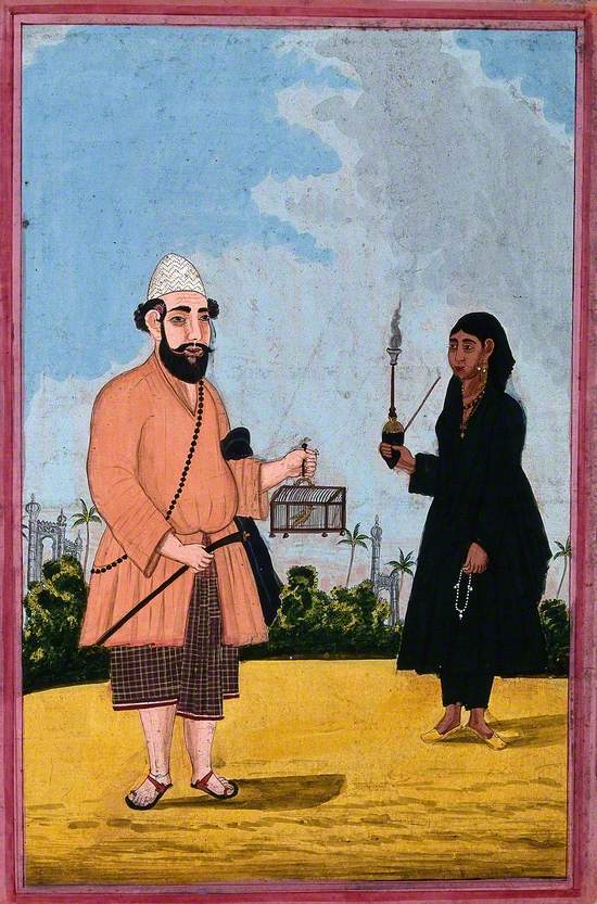A Muslim Man Holding a Bird in a Cage with a Women Holding a Pipe