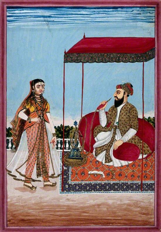 A Muslim Man Smoking a Hookah under a Canopy, with a Woman on the Left