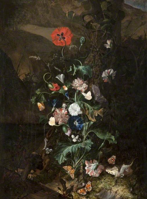An Arrangement of Flowers by a Tree Trunk