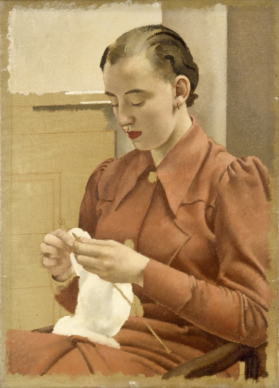 Woman in a Red Dress Knitting