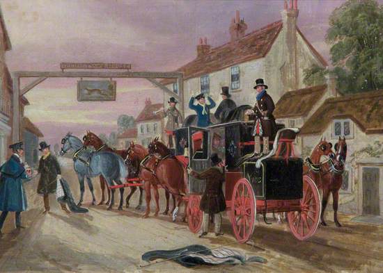 The Halfway House: A Mail Coach outside the 'Greyhounds Inn'