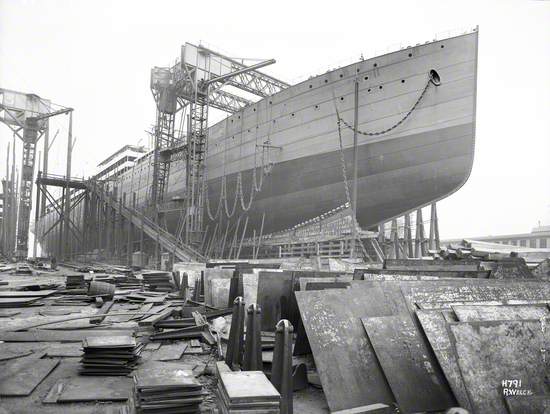 Starboard bow 3/4 profile on No. 2 slip, North Yard, prior to launch