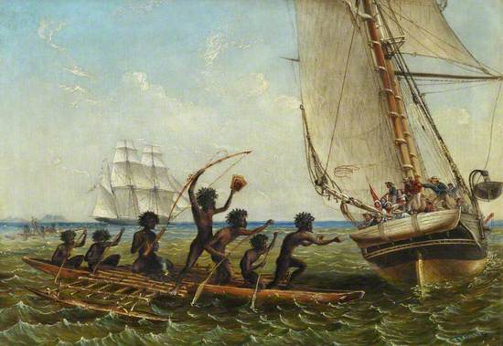 Aboriginal Canoes Communicating with the 'Monarch' and the 'Tom Tough', 28 August 1855