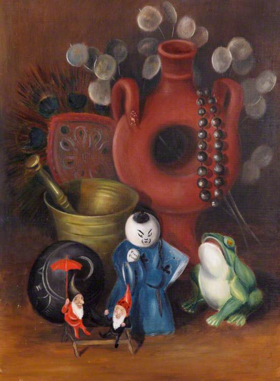 Still Life with Ceramic Figures and a Frog