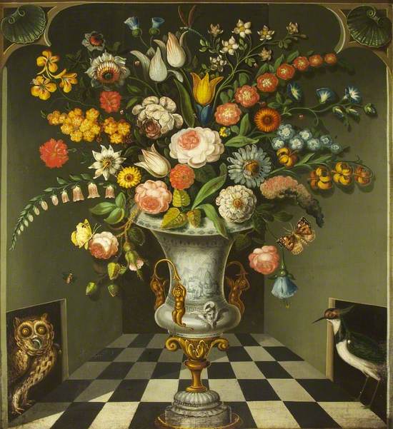 A Vase of Flowers with an Owl and a Lapwing