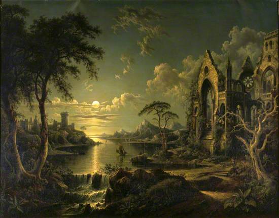 A Ruined Gothic Church beside a River by Moonlight
