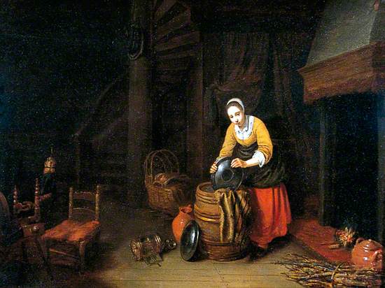 Interior with Young Woman Washing Pots