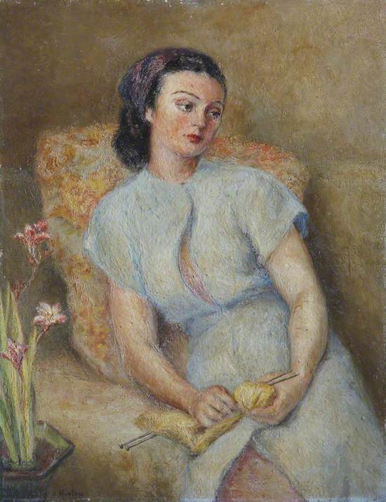 Lady Knitting with a Vase of Freesias or Crocosmia (?)