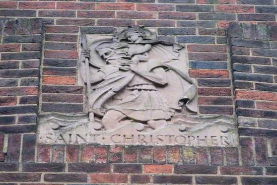 Saint Christopher, a Lamb and a Pelican