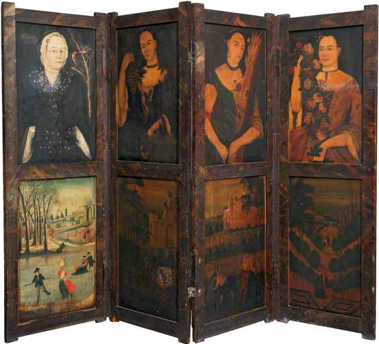 Four Female Figures Depicting the Four Seasons (upper half), with Four Seasonal Landscapes (lower half) (folding screen)