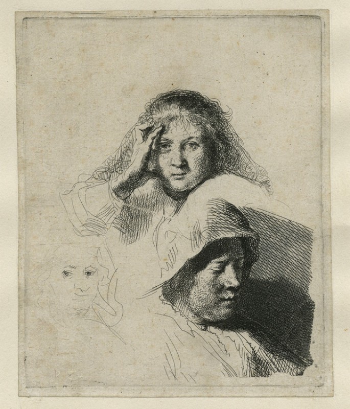 Three Heads of Women, One Lightly Etched