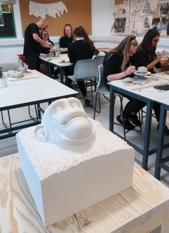 Kenny Hunter's sculpture 'Yield Brother' in a school workshop