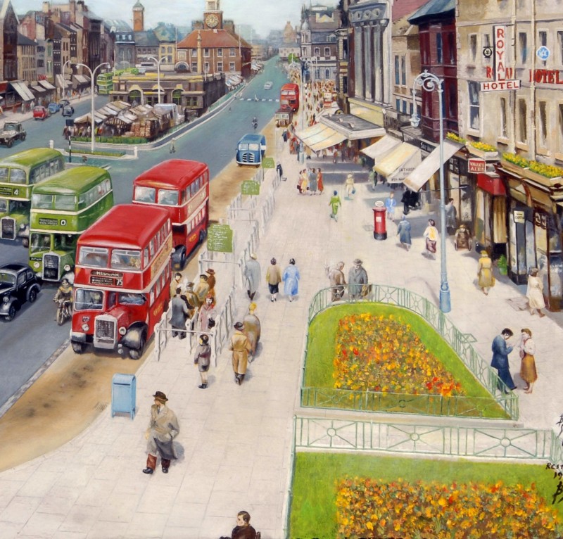 Detail of the painting, showing people on Stockton High Street