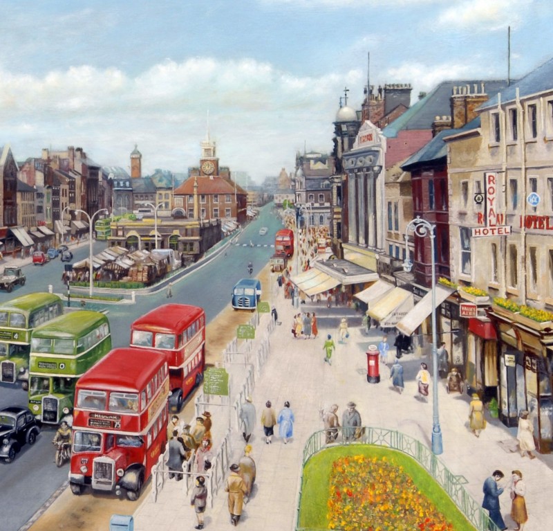 Detail of the painting, showing the hotel and shops on Stockton High Street