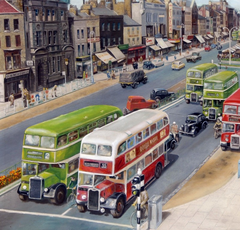 Detail of the painting, showing transport on Stockton High Street