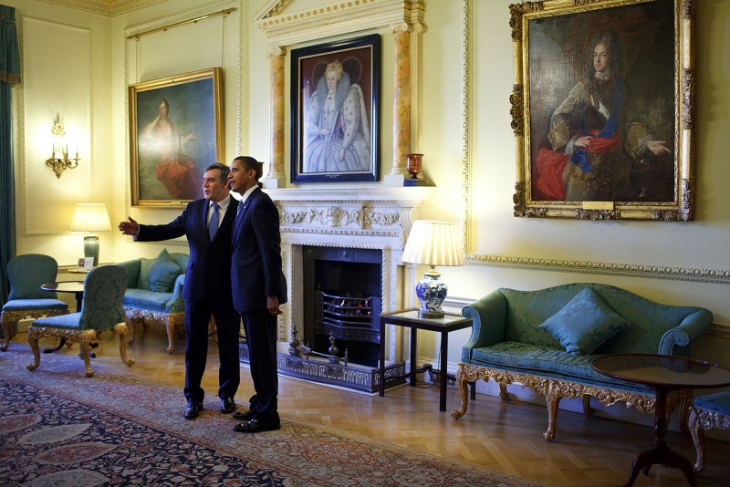 President Barack Obama is welcomed to 10 Downing Street in London by British Prime Minister Gordon Brown, April 1, 2009.