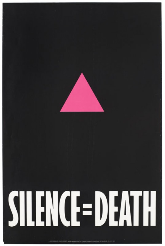 A pink triangle against a black backdrop with the words 'Silence = Death'