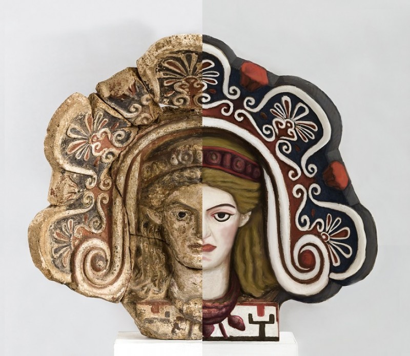 An antefix showing half colour, half unpainted