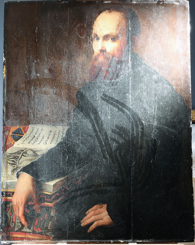 'Realdo Matteo Colombo (1515–1559)', in raking light, showing dust and a step in the panel join