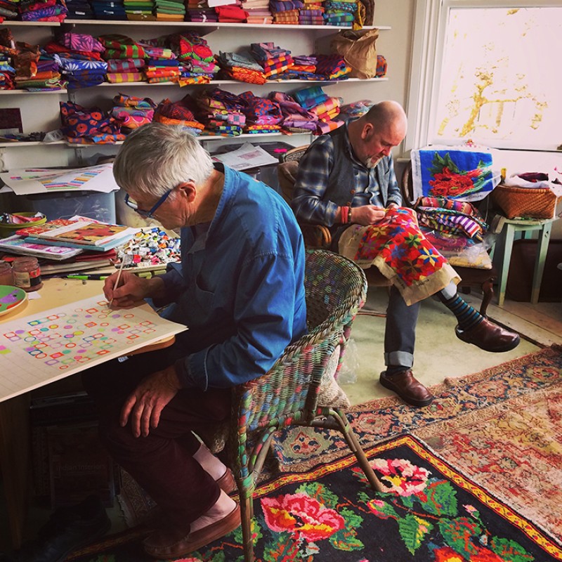 Kaffe Fassett and Brandon Mably working in the studio