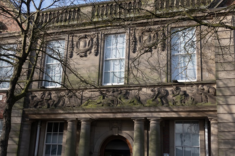 'Mining, Pottery and the Sciences', on the front of the Cadman Building, University of Staffordshire