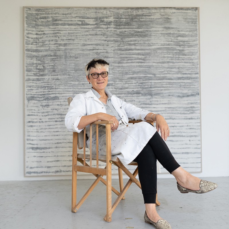 Rebecca Salter in her studio in 2023, featuring Salter's 2019 work 'Untitled AR1'